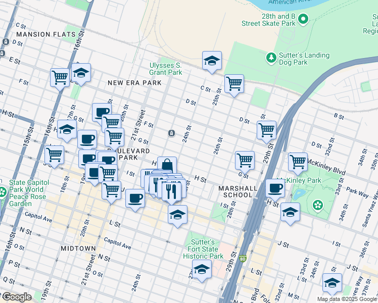 map of restaurants, bars, coffee shops, grocery stores, and more near 2400 G Street in Sacramento