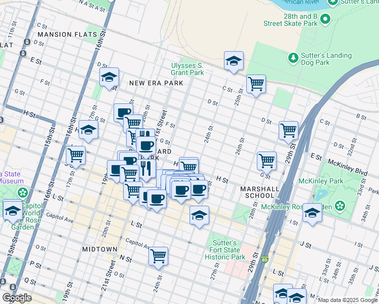 map of restaurants, bars, coffee shops, grocery stores, and more near 7 23rd Street in Sacramento