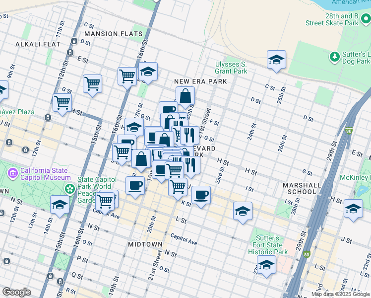 map of restaurants, bars, coffee shops, grocery stores, and more near 815 20th Street in Sacramento