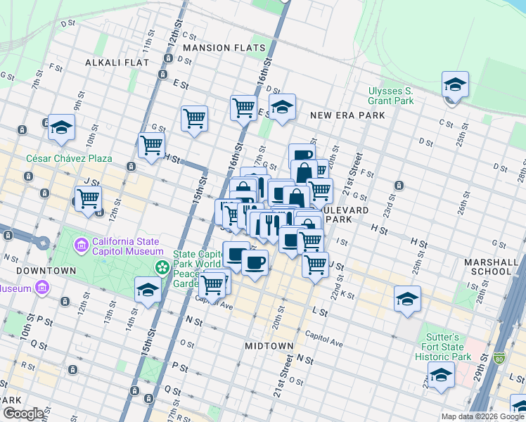 map of restaurants, bars, coffee shops, grocery stores, and more near 1801 I Street in Sacramento