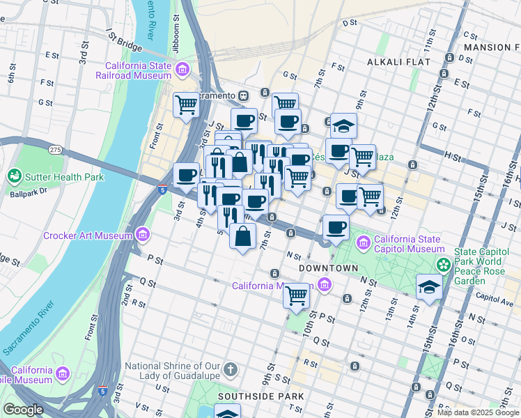map of restaurants, bars, coffee shops, grocery stores, and more near 609 Capitol Mall in Sacramento