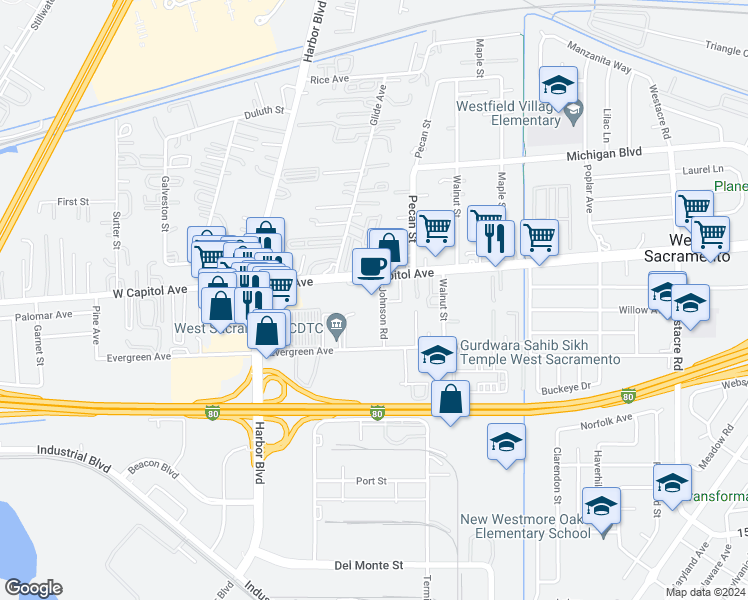 map of restaurants, bars, coffee shops, grocery stores, and more near 2455 West Capitol Avenue in West Sacramento