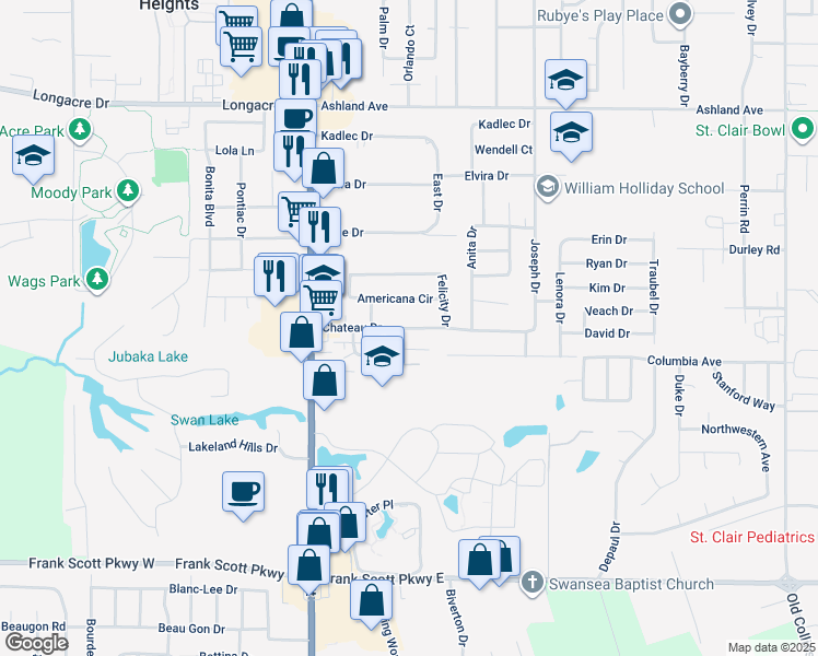 map of restaurants, bars, coffee shops, grocery stores, and more near 46 Chateau Drive in Fairview Heights