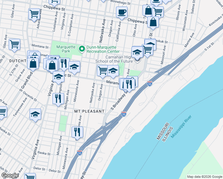 map of restaurants, bars, coffee shops, grocery stores, and more near 4234 California Avenue in St. Louis