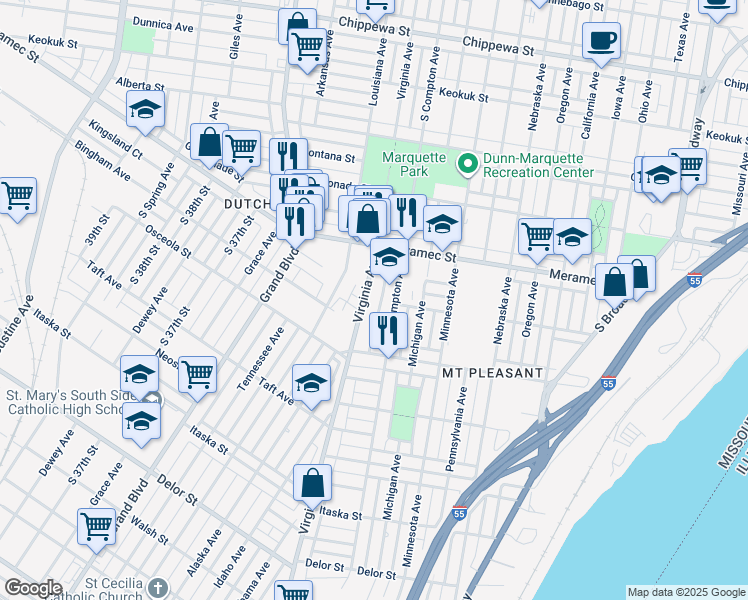 map of restaurants, bars, coffee shops, grocery stores, and more near 4310 Virginia Avenue in St. Louis