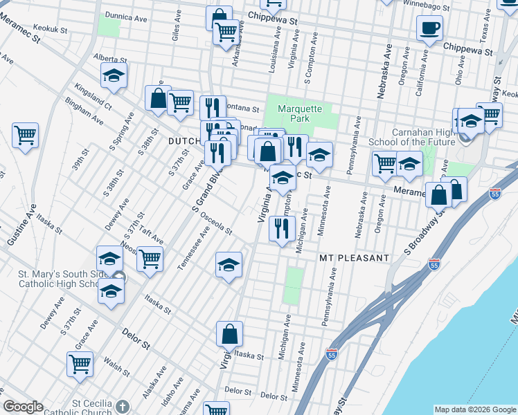 map of restaurants, bars, coffee shops, grocery stores, and more near 4310 Virginia Avenue in St. Louis