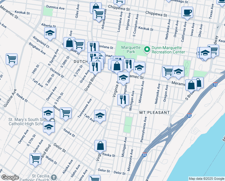 map of restaurants, bars, coffee shops, grocery stores, and more near 4310 Virginia Avenue in St. Louis