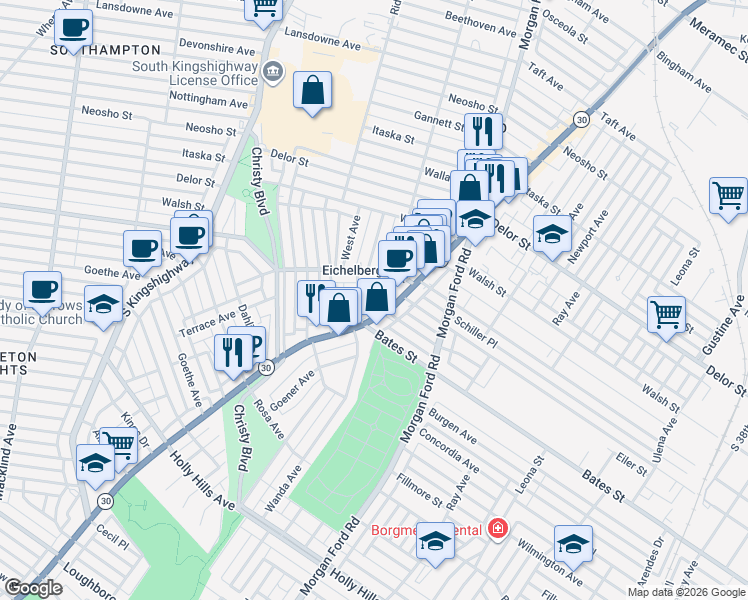 map of restaurants, bars, coffee shops, grocery stores, and more near in St. Louis