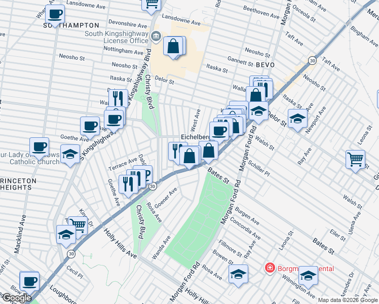 map of restaurants, bars, coffee shops, grocery stores, and more near 5442 Cologne Avenue in St. Louis