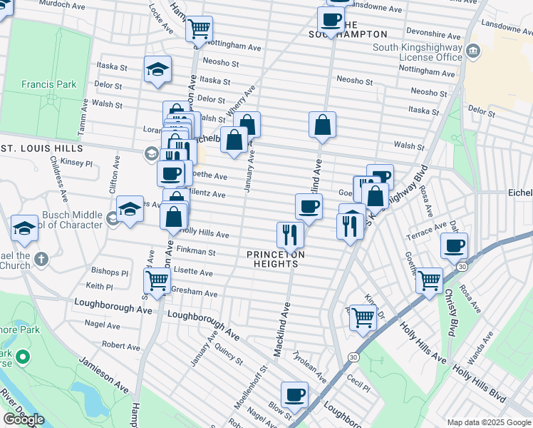 map of restaurants, bars, coffee shops, grocery stores, and more near 5461 Rhodes Avenue in St. Louis