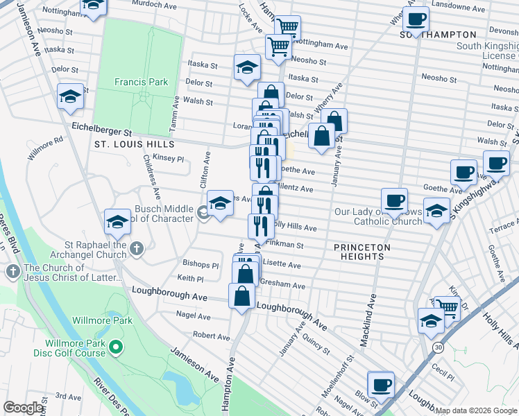 map of restaurants, bars, coffee shops, grocery stores, and more near in St. Louis