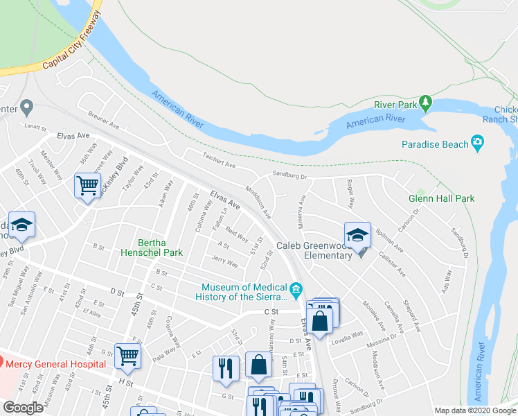 map of restaurants, bars, coffee shops, grocery stores, and more near 5220 Moddison Avenue in Sacramento