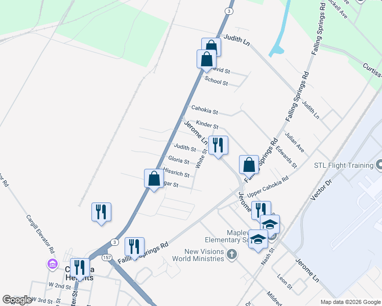 map of restaurants, bars, coffee shops, grocery stores, and more near 24 Judith Street in Cahokia