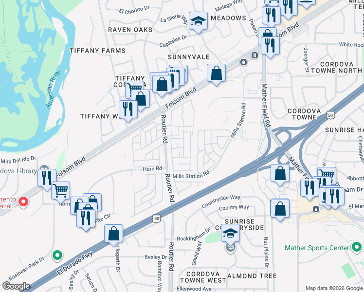 map of restaurants, bars, coffee shops, grocery stores, and more near 68 Shrine Drive in Sacramento
