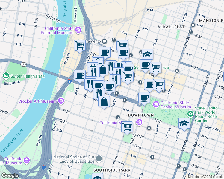 map of restaurants, bars, coffee shops, grocery stores, and more near 609 Capitol Mall in Sacramento