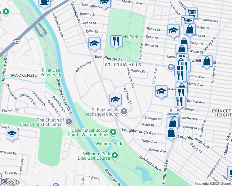 map of restaurants, bars, coffee shops, grocery stores, and more near 6480 Rhodes Avenue in St. Louis