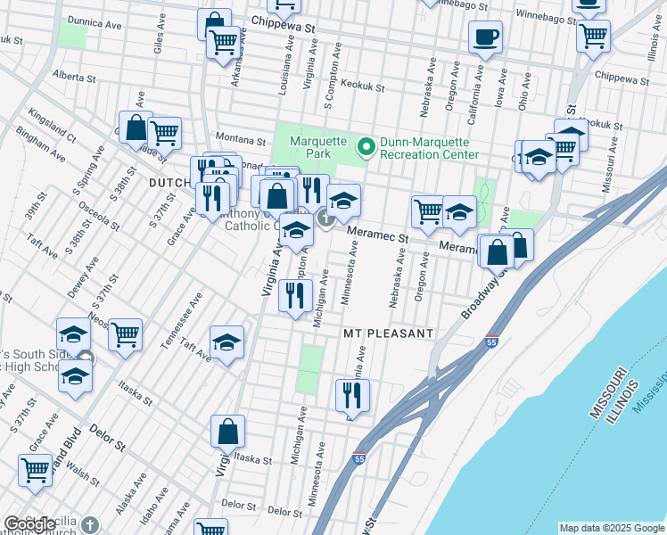 map of restaurants, bars, coffee shops, grocery stores, and more near 3119 Chariton Street in St. Louis
