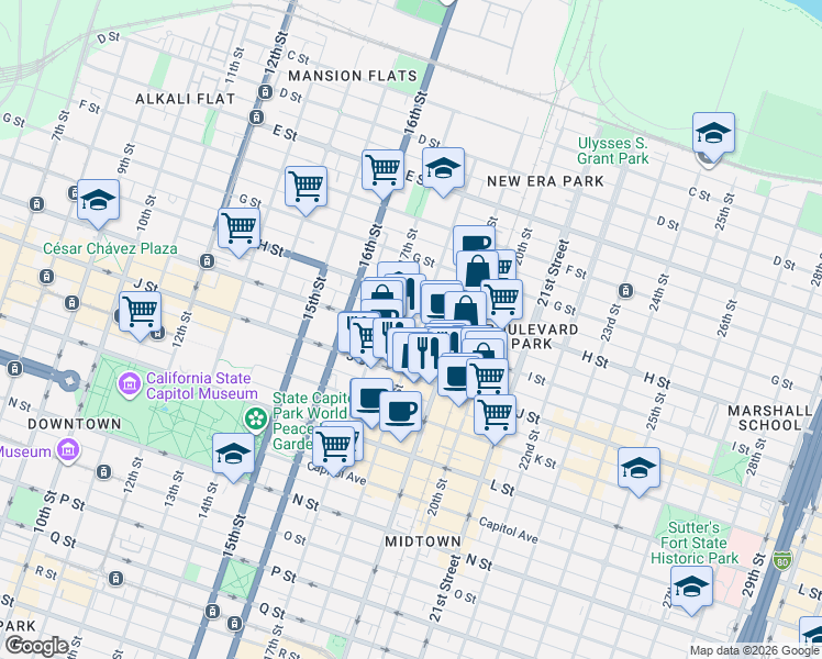 map of restaurants, bars, coffee shops, grocery stores, and more near 1801 I Street in Sacramento