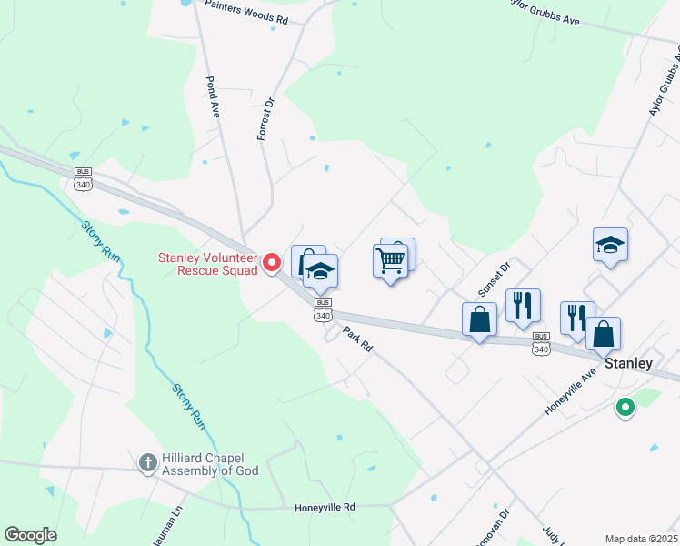 map of restaurants, bars, coffee shops, grocery stores, and more near 150 Church Avenue in Stanley