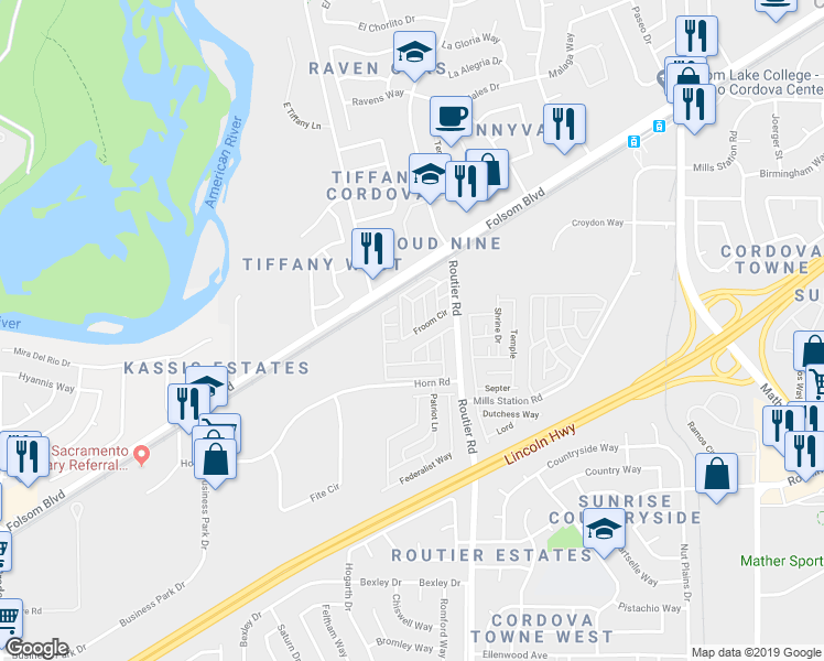 map of restaurants, bars, coffee shops, grocery stores, and more near 9948 Froom Circle in Sacramento