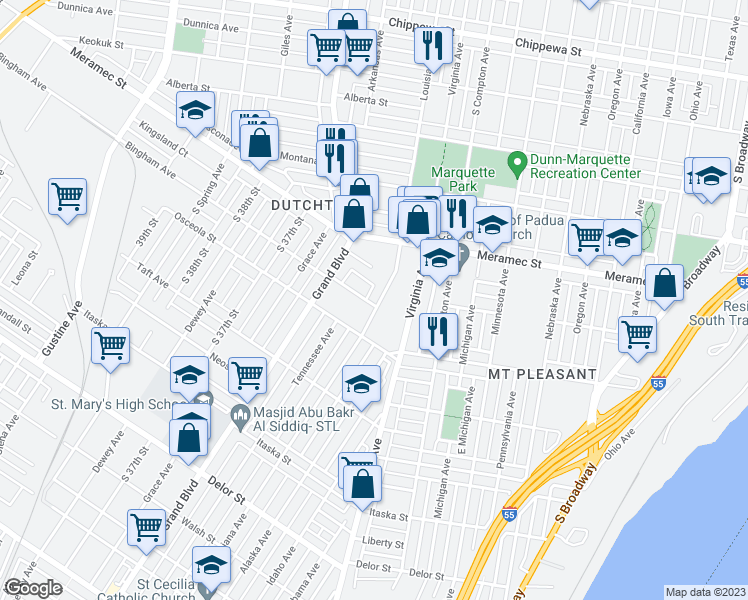 map of restaurants, bars, coffee shops, grocery stores, and more near 4275 Louisiana Avenue in St. Louis