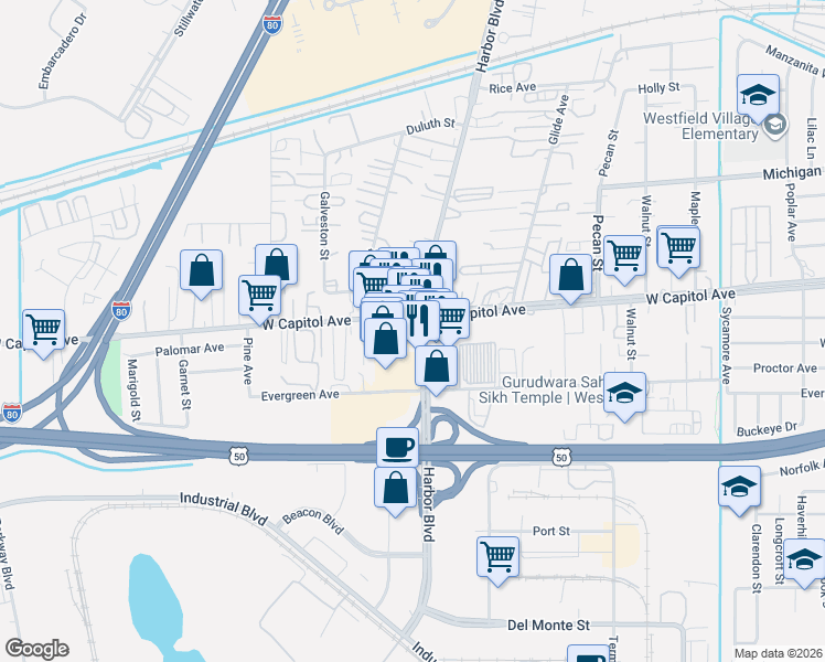 map of restaurants, bars, coffee shops, grocery stores, and more near 830 Harbor Boulevard in West Sacramento