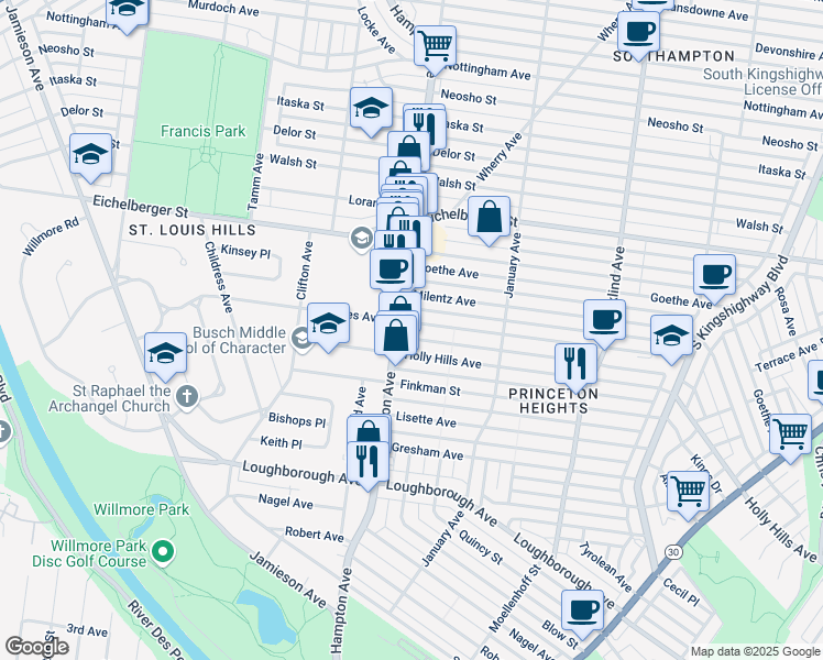 map of restaurants, bars, coffee shops, grocery stores, and more near 5746 Rhodes Avenue in St. Louis