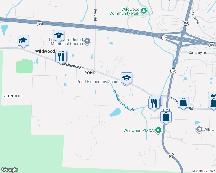 map of restaurants, bars, coffee shops, grocery stores, and more near 2604 Kesselring Court in Wildwood