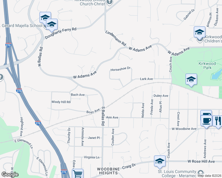 map of restaurants, bars, coffee shops, grocery stores, and more near 1521 Lark Avenue in Kirkwood