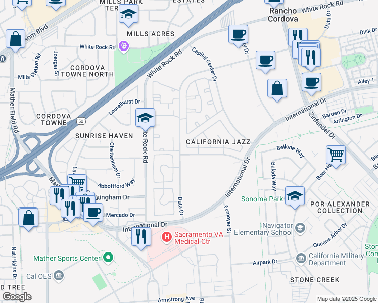map of restaurants, bars, coffee shops, grocery stores, and more near 10576 Ragtime Circle in Rancho Cordova