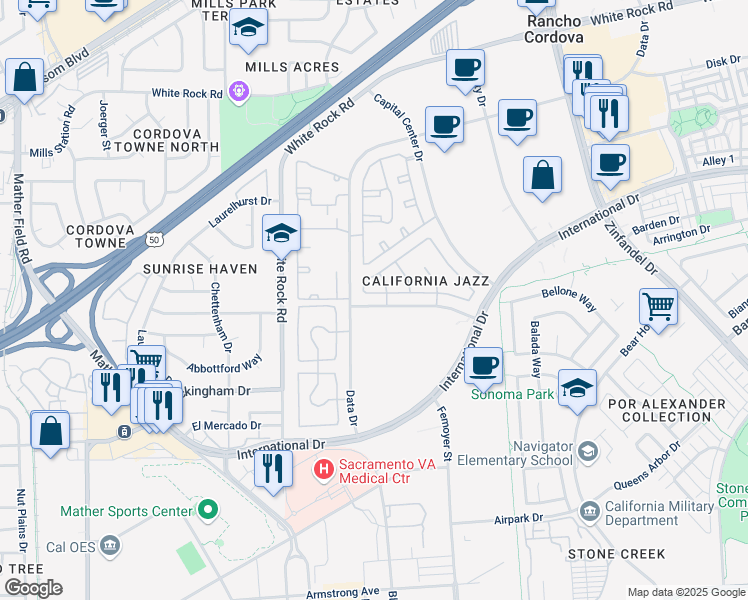 map of restaurants, bars, coffee shops, grocery stores, and more near 10576 Ragtime Circle in Rancho Cordova