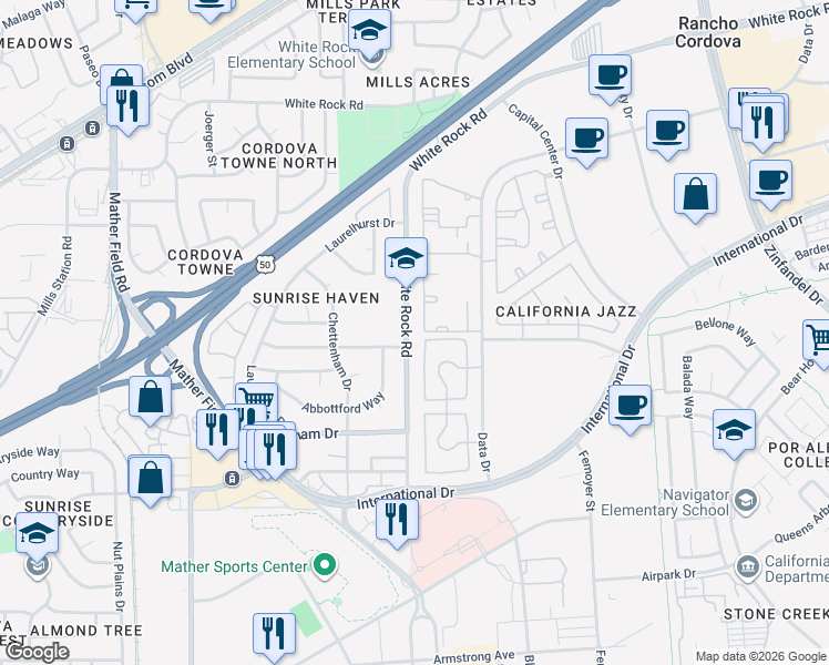 map of restaurants, bars, coffee shops, grocery stores, and more near 10330 South White Rock Road in Rancho Cordova