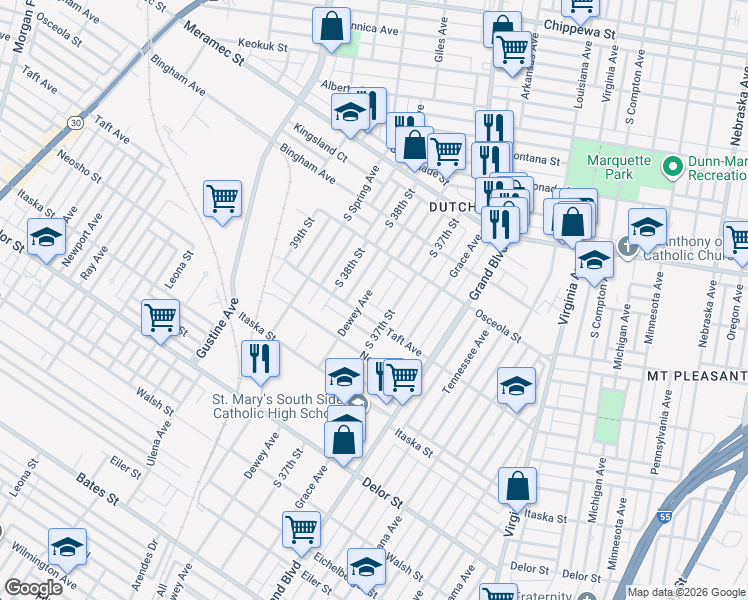 map of restaurants, bars, coffee shops, grocery stores, and more near 3729 Taft Avenue in St. Louis