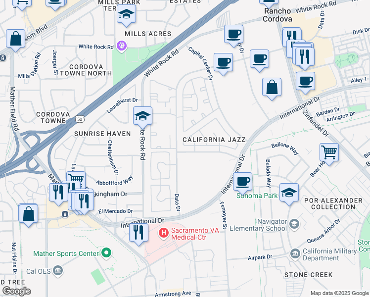 map of restaurants, bars, coffee shops, grocery stores, and more near 10576 Ragtime Circle in Rancho Cordova