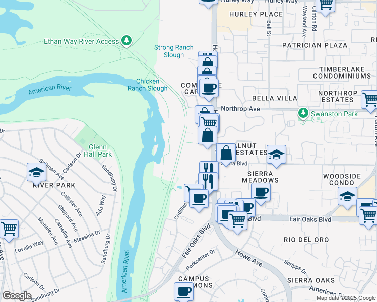 map of restaurants, bars, coffee shops, grocery stores, and more near 725 Howe Avenue in Sacramento