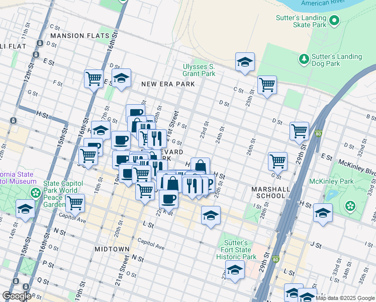 map of restaurants, bars, coffee shops, grocery stores, and more near 727 22nd Street in Sacramento