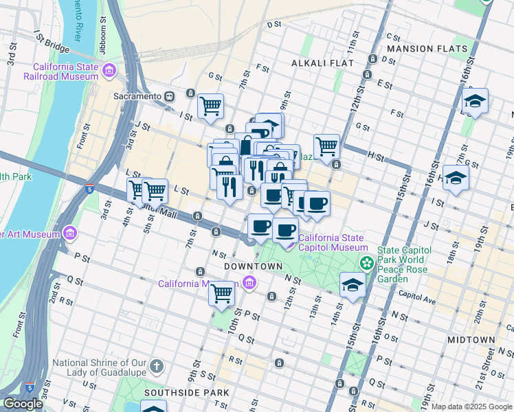 map of restaurants, bars, coffee shops, grocery stores, and more near 1179 9th Street in Sacramento