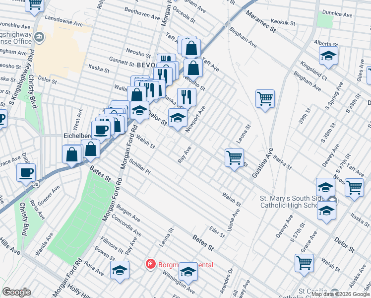 map of restaurants, bars, coffee shops, grocery stores, and more near 5041 Ray Avenue in St. Louis