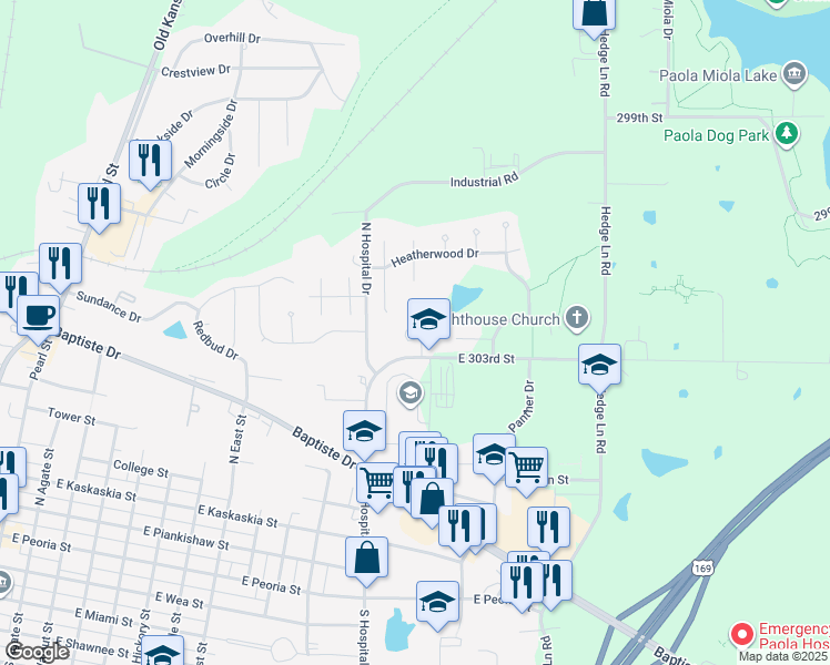 map of restaurants, bars, coffee shops, grocery stores, and more near 1103 Durham Drive in Paola
