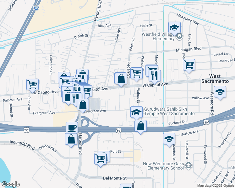 map of restaurants, bars, coffee shops, grocery stores, and more near 2455 West Capitol Avenue in West Sacramento