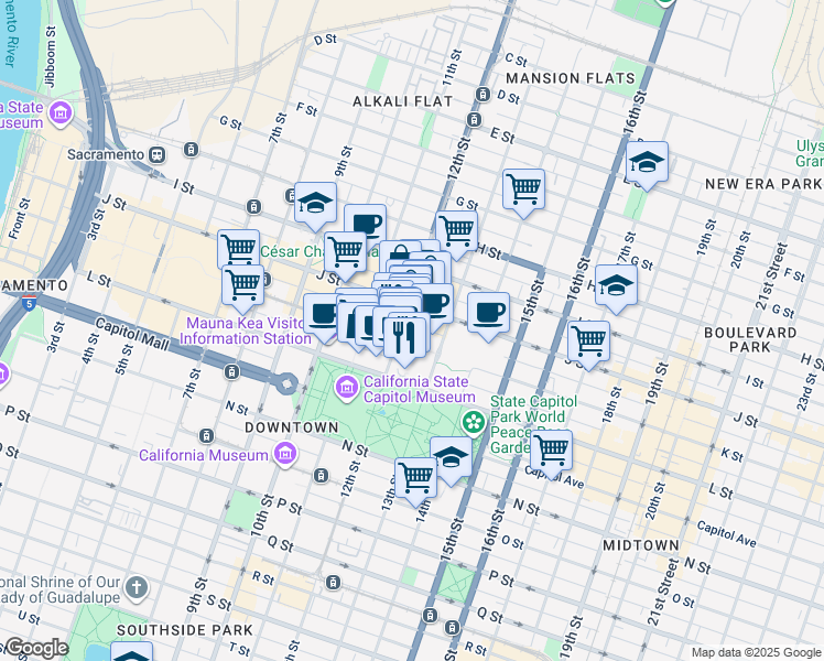 map of restaurants, bars, coffee shops, grocery stores, and more near 1200 K Street in Sacramento