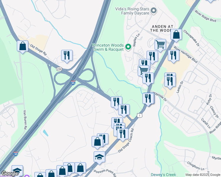 map of restaurants, bars, coffee shops, grocery stores, and more near 3511 Briarwood Drive in Dumfries