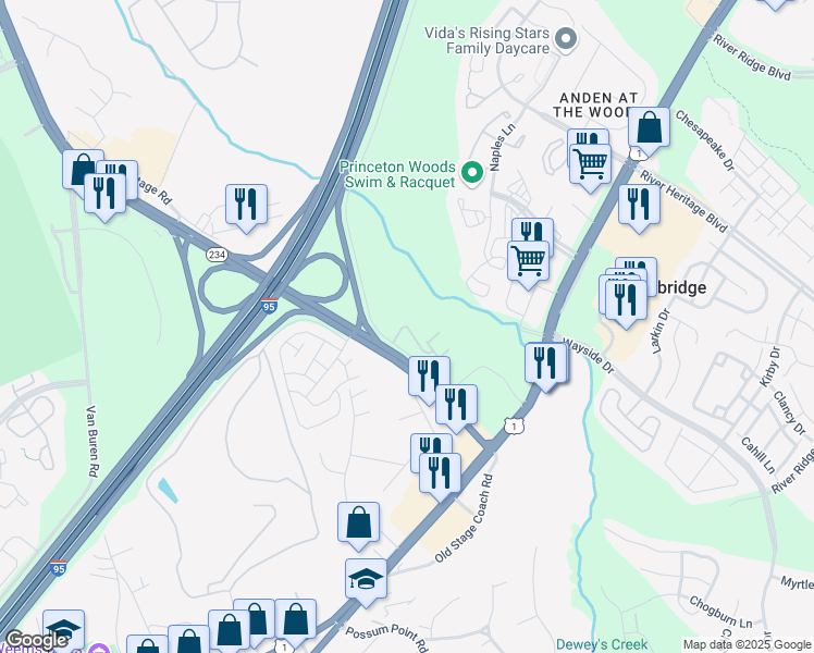map of restaurants, bars, coffee shops, grocery stores, and more near 3536 Briarwood Drive in Dumfries