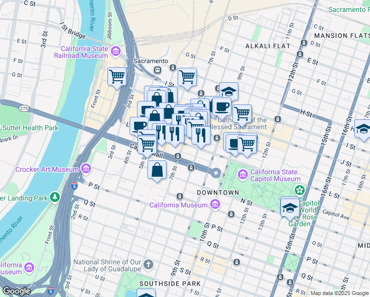 map of restaurants, bars, coffee shops, grocery stores, and more near 715 Capitol Mall in Sacramento