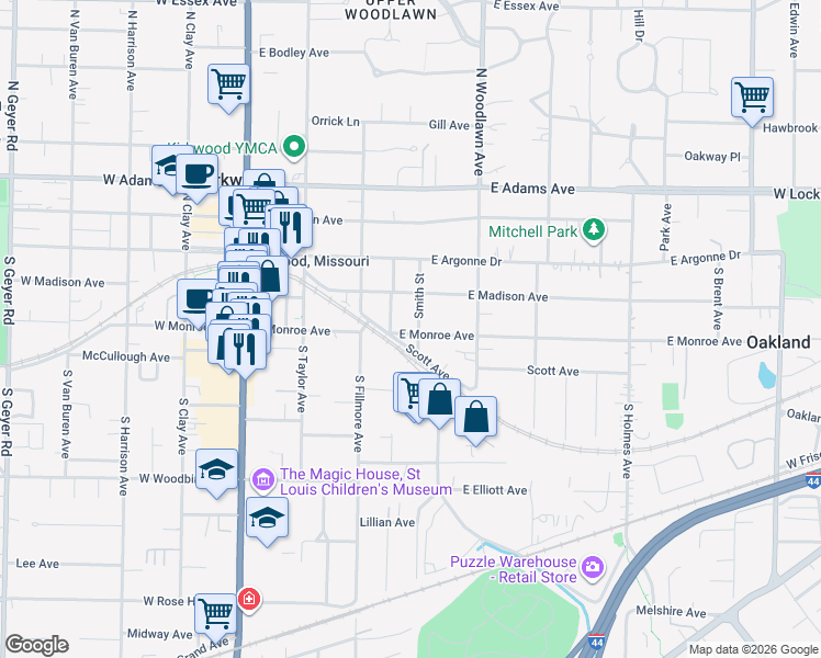 map of restaurants, bars, coffee shops, grocery stores, and more near 228 Gilbert Street in Kirkwood