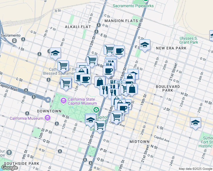 map of restaurants, bars, coffee shops, grocery stores, and more near 1423 J Street in Sacramento