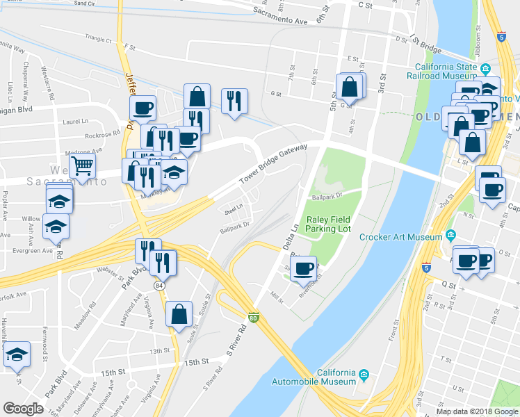 map of restaurants, bars, coffee shops, grocery stores, and more near 844 Zinc Court in West Sacramento