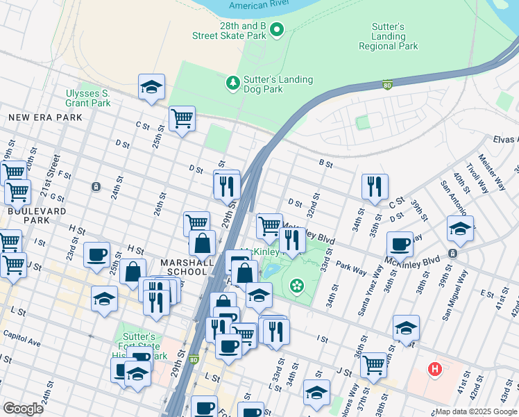 map of restaurants, bars, coffee shops, grocery stores, and more near 3008 E Street in Sacramento