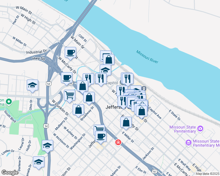 map of restaurants, bars, coffee shops, grocery stores, and more near 301 West High Street in Jefferson City