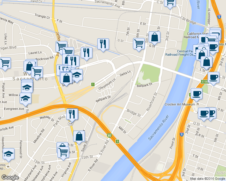map of restaurants, bars, coffee shops, grocery stores, and more near 841 Tallium Court in West Sacramento